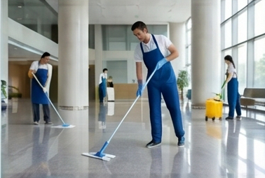 Professional commercial cleaning team at work